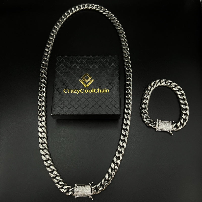 18K Silver Plated Iced Out Cuban Link top Necklace Bracelet SET